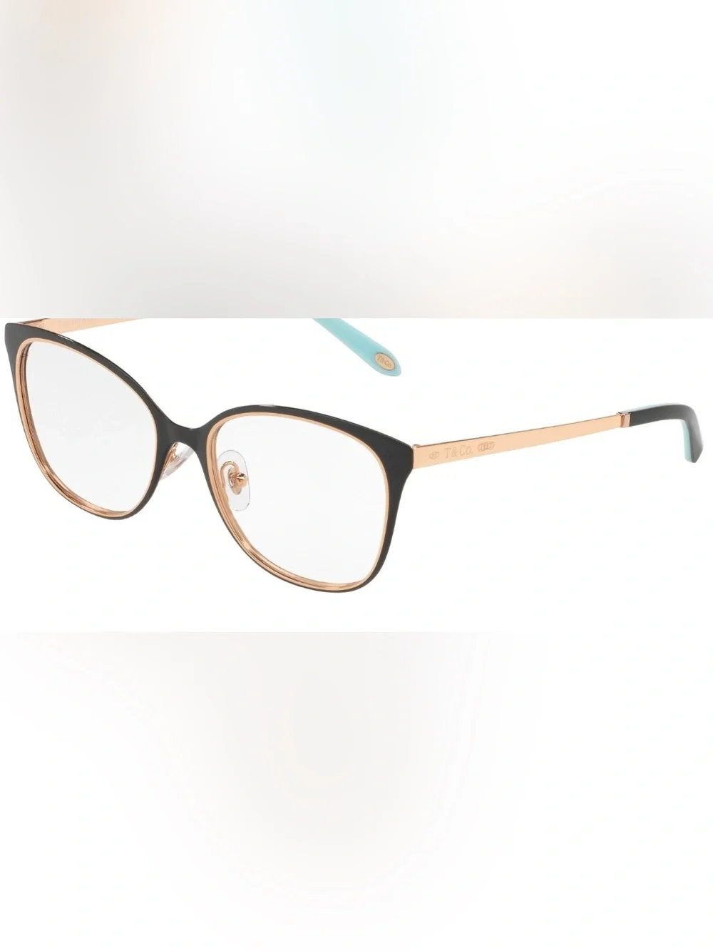 Tiffany & Co Black and Rose Gold Cat-Eye Glasses with Aqua Temples made in Italy